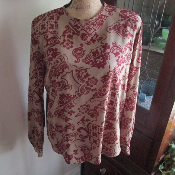 Vintage 80s 90s New Editions Taupe Maroon Abstract Blouse Size L Long Sleeve - Picture 4 of 15